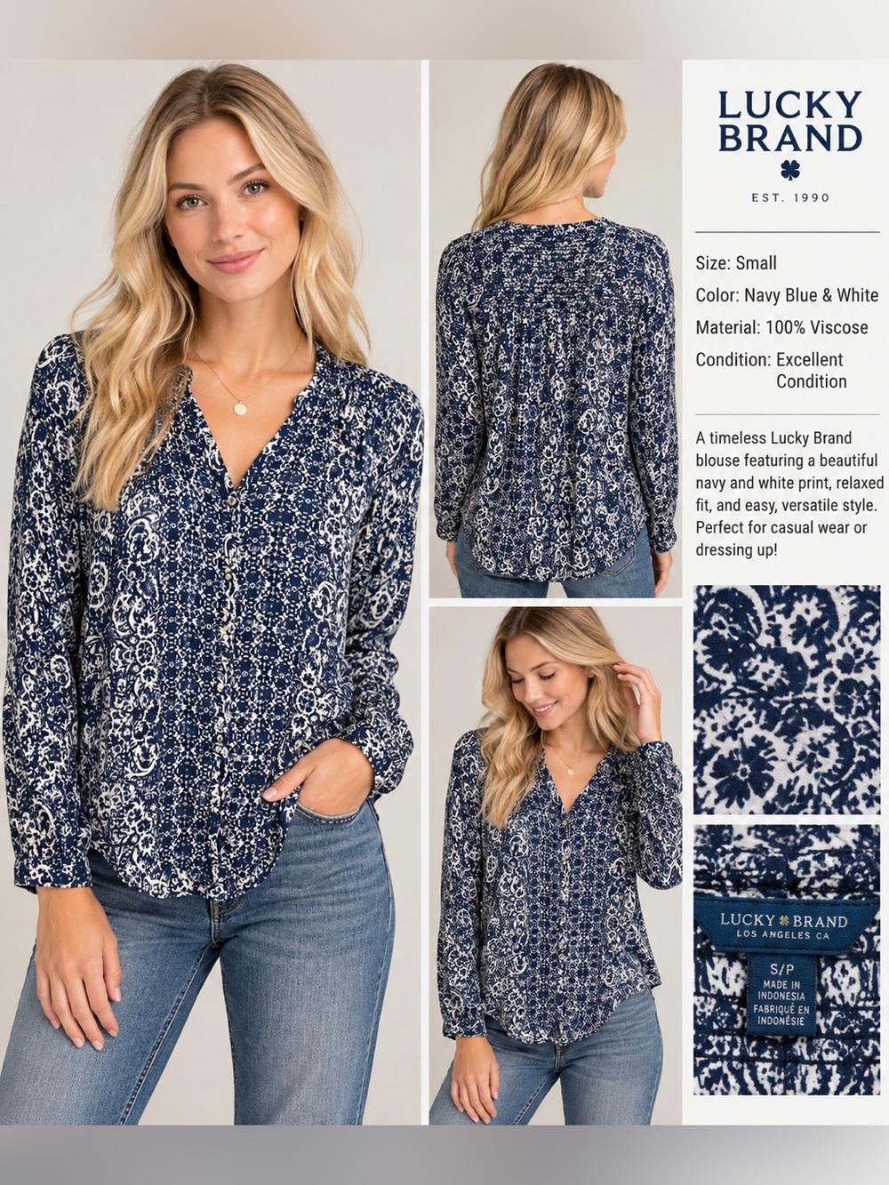 Lucky Brand Navy White Paisley Print Smocked Boho Blouse Top Small